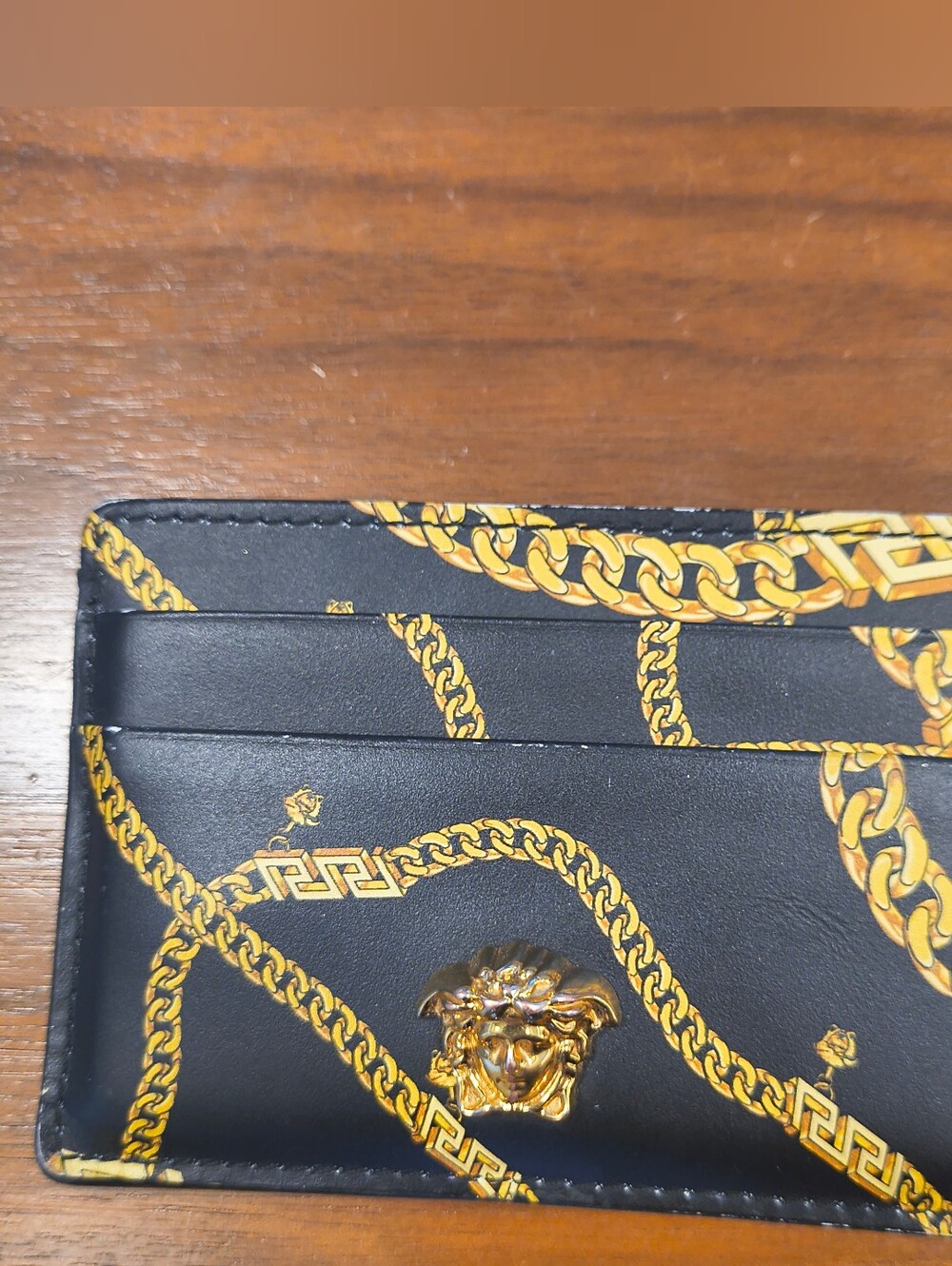 Versace La Medusa Black Gold Chain Print Leather Card Holder Wallet - Picture 9 of 11